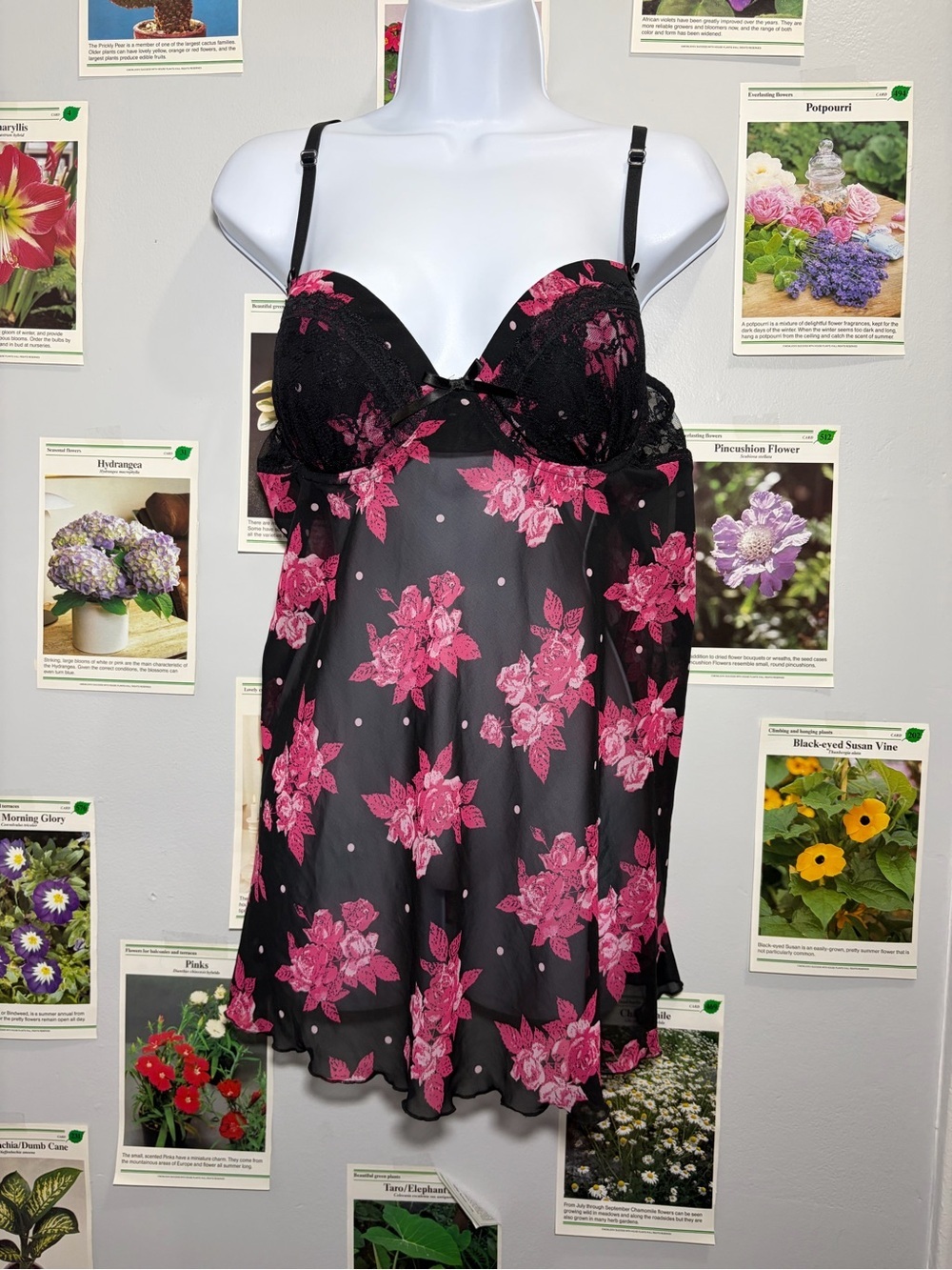 Morgan Taylor Black Sheer Babydoll Chemise with Pink Floral Print